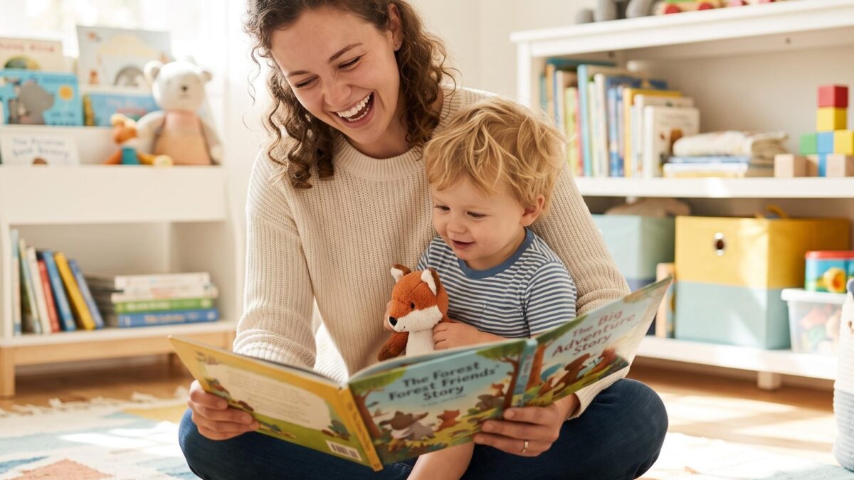 Kinderpflegerin liest einem Kleinkind lachend ein Bilderbuch vor, KI-generiertes Bild