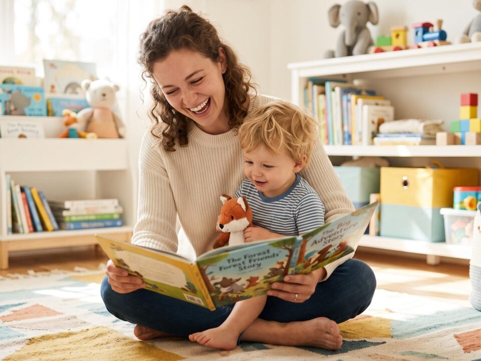 Kinderpflegerin liest einem Kleinkind lachend ein Bilderbuch vor, KI-generiertes Bild