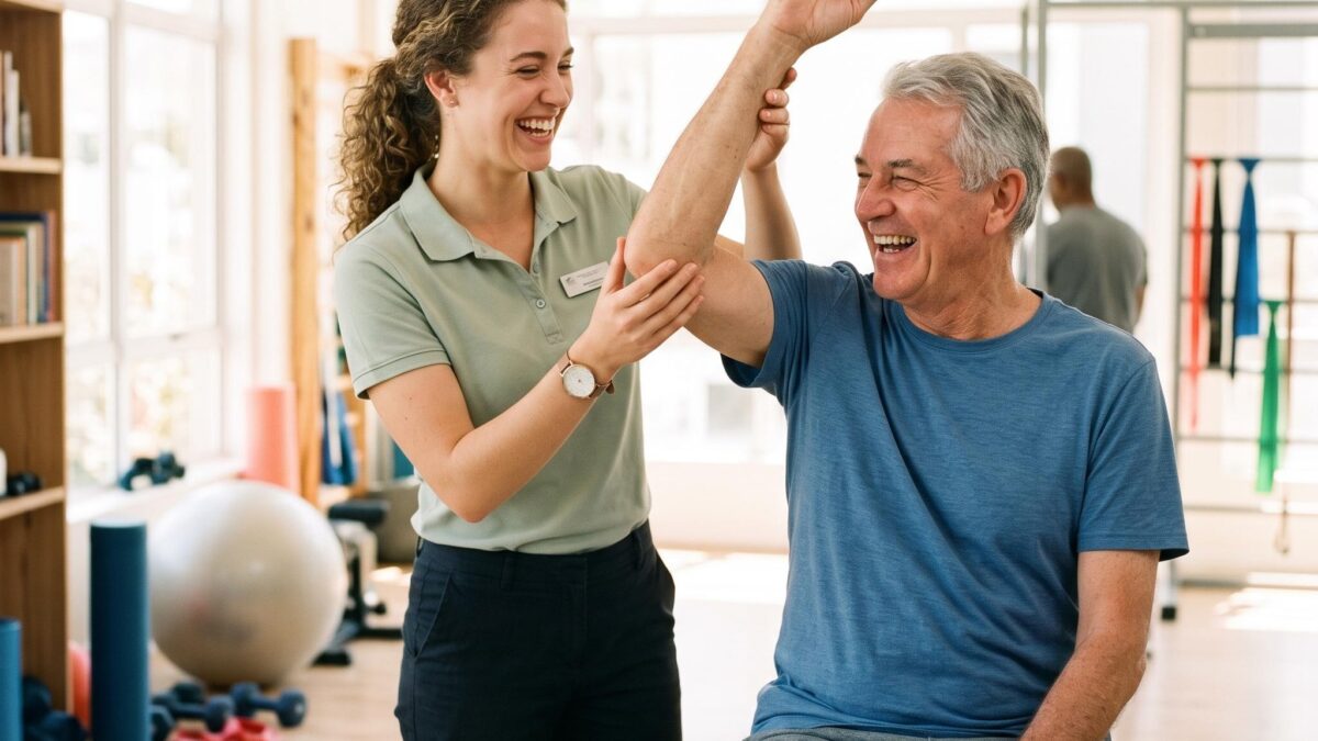 Physiotherapeutin hilft einem laechelnden Patienten beim Armdehnen, KI-generiertes Bild