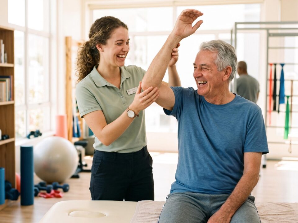 Physiotherapeutin hilft einem laechelnden Patienten beim Armdehnen, KI-generiertes Bild