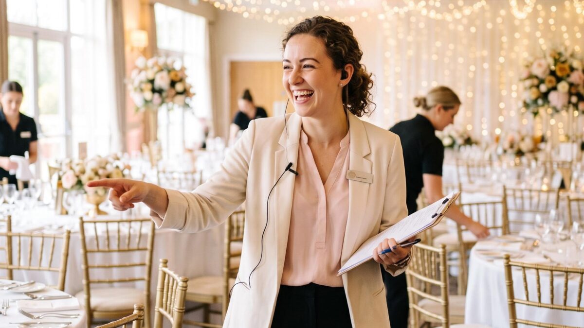 Eventmanagerin laechelt mit Klemmbrett in einem festlich dekorierten Saal, KI-generiertes Bild