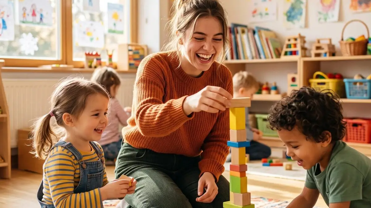 Erzieherin spielt lachend mit zwei Kindern und baut einen Holzbausteinturm, KI-generiertes Bild