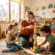 Erzieherin spielt lachend mit zwei Kindern und baut einen Holzbausteinturm, KI-generiertes Bild