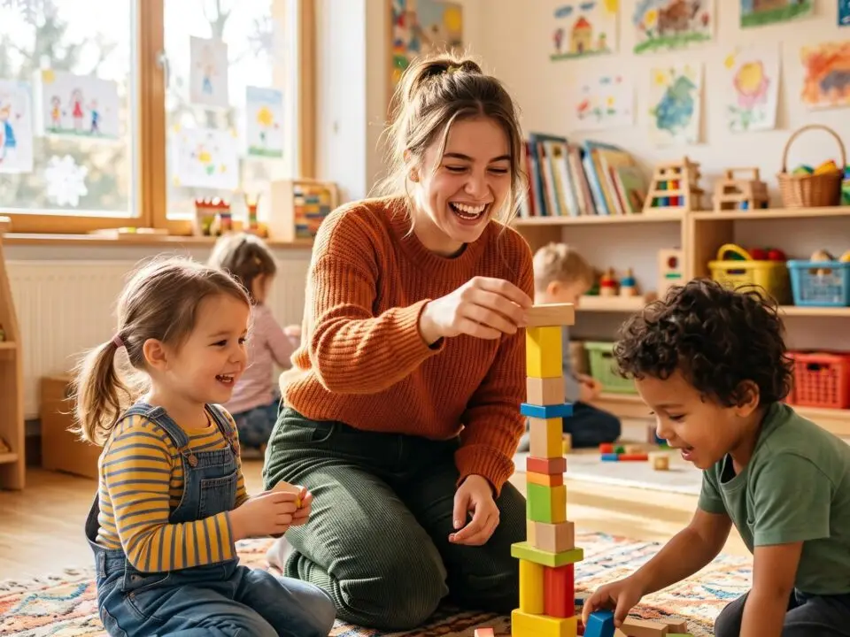 Erzieherin spielt lachend mit zwei Kindern und baut einen Holzbausteinturm, KI-generiertes Bild