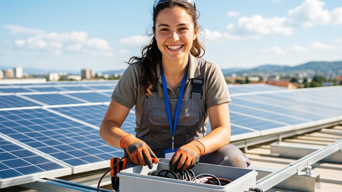 Elektrikerin laechelt bei der Installation einer Solaranlage auf dem Dach, KI-generiertes Bild
