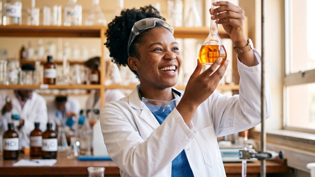 Chemiestudentin laechelt beim Betrachten eines Messkolbens im Labor, KI-generiertes Bild