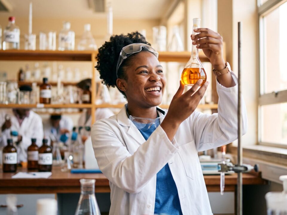 Chemiestudentin laechelt beim Betrachten eines Messkolbens im Labor, KI-generiertes Bild