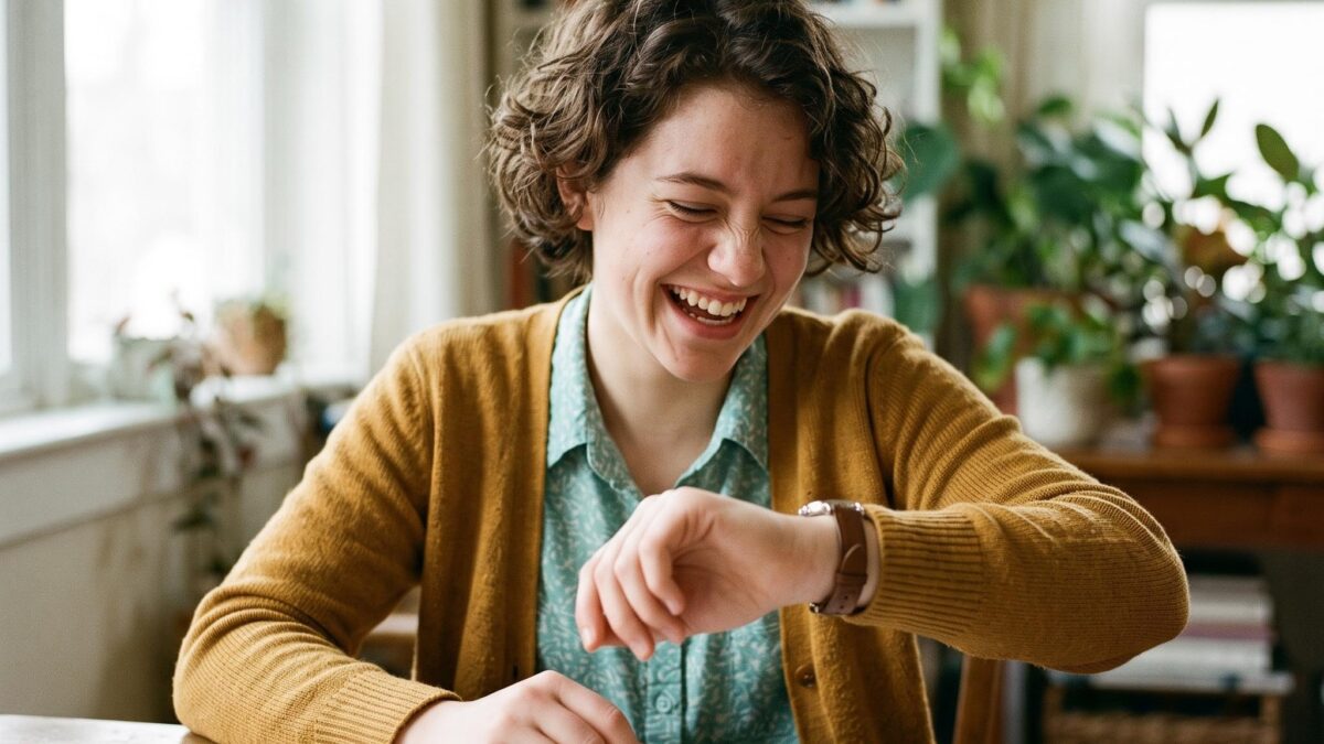 Studentin lacht beim Blick auf die Uhr neben ihrem handgezeichneten Zeitplan, KI-generiertes Bild