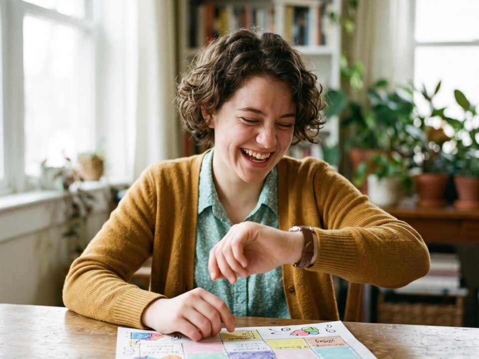 Studentin lacht beim Blick auf die Uhr neben ihrem handgezeichneten Zeitplan, KI-generiertes Bild