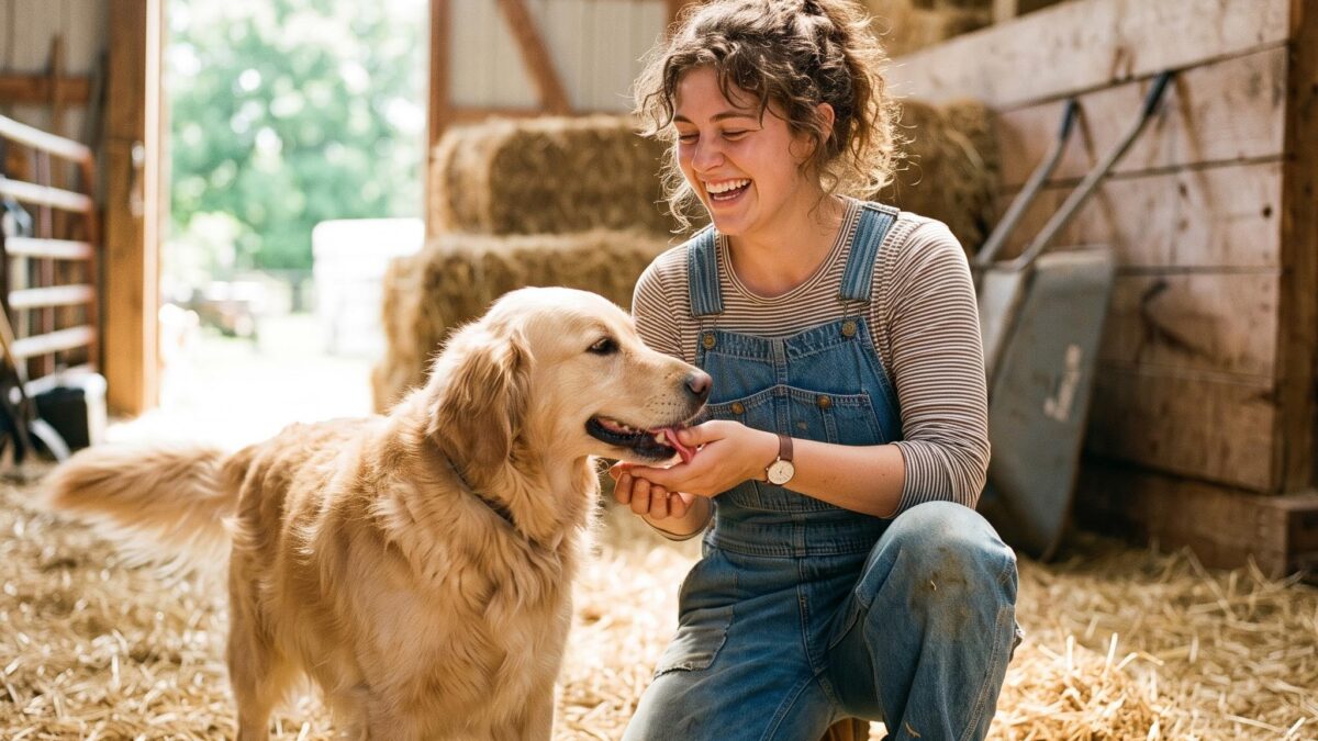Tierpflegerin lacht mit einem Golden Retriever im Stall, KI-generiertes Bild