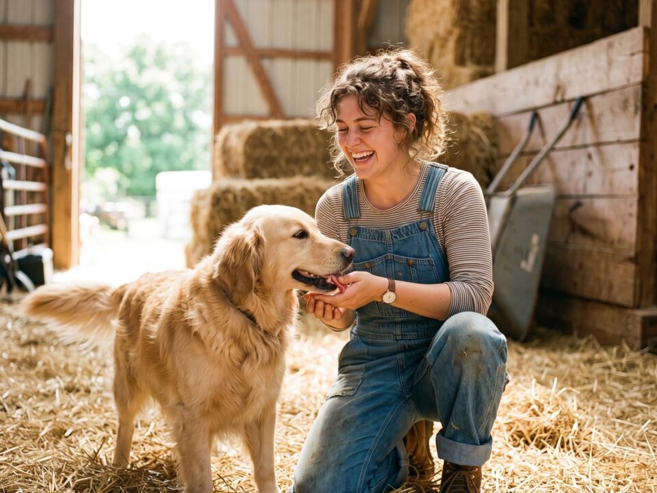 Tierpflegerin lacht mit einem Golden Retriever im Stall, KI-generiertes Bild