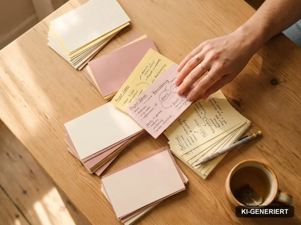 Karteikarten in mehreren Stapeln auf einem hellen Schreibtisch, Symbol fuer Spaced Repetition und aktives Erinnern