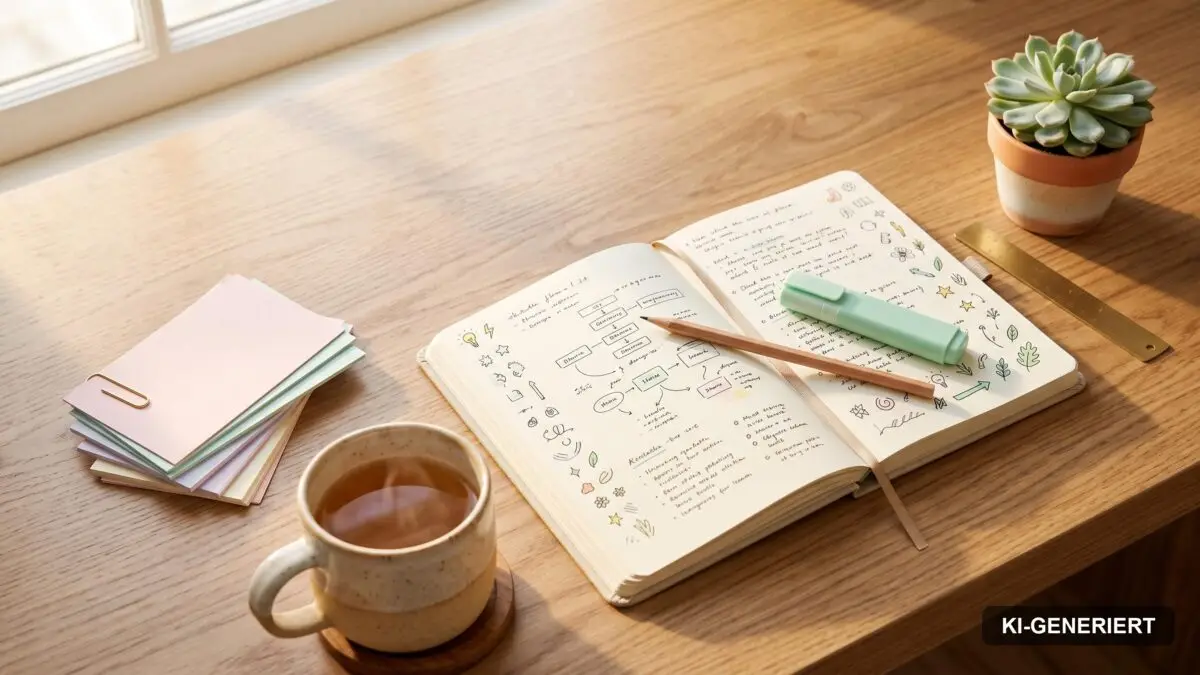 Heller Schreibtisch mit aufgeschlagenem Notizbuch, pastellfarbenen Karteikarten und einer Tasse Tee, Symbolbild fuer effektives Lernen
