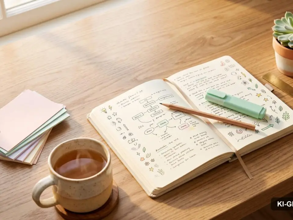 Heller Schreibtisch mit aufgeschlagenem Notizbuch, pastellfarbenen Karteikarten und einer Tasse Tee, Symbolbild fuer effektives Lernen