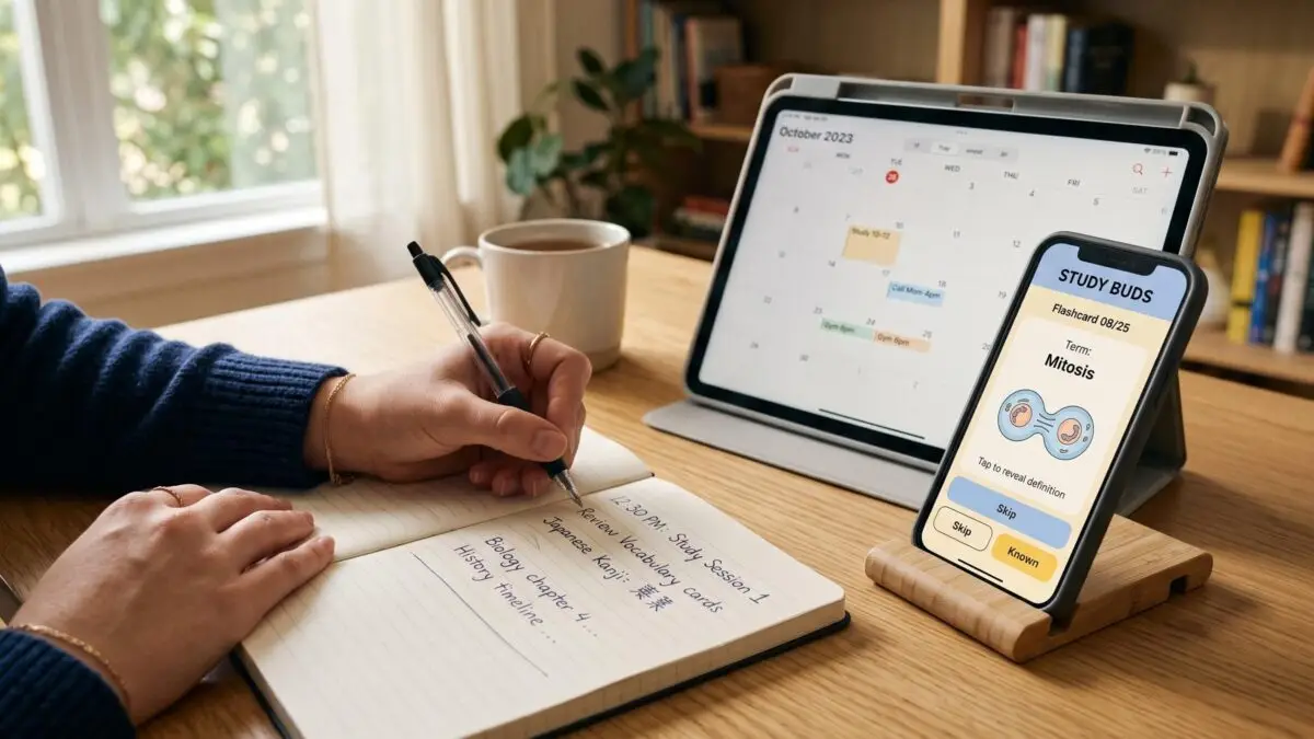 Notizbuch, Smartphone mit Karteikarten-App und Tablet mit Kalender-App auf einem Schreibtisch als Lern-Apps im Einsatz