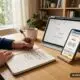 Notizbuch, Smartphone mit Karteikarten-App und Tablet mit Kalender-App auf einem Schreibtisch als Lern-Apps im Einsatz