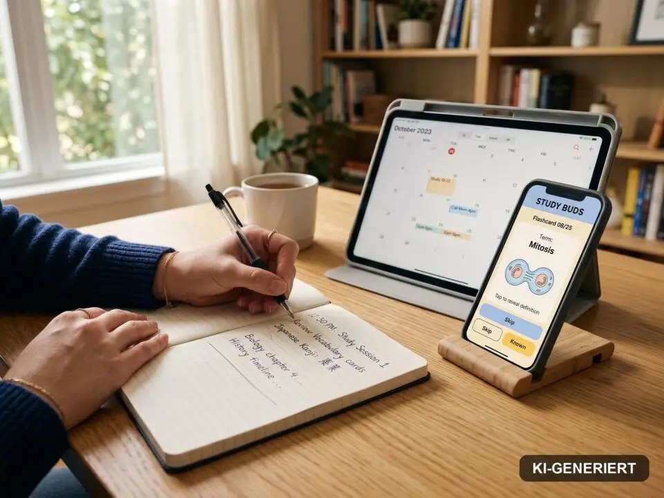 Notizbuch, Smartphone mit Karteikarten-App und Tablet mit Kalender-App auf einem Schreibtisch als Lern-Apps im Einsatz